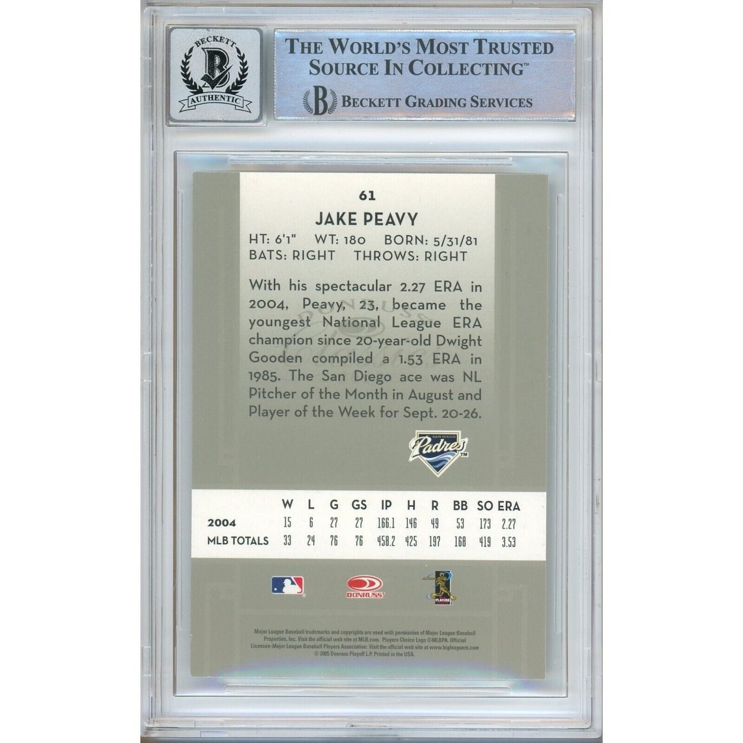2005 Donruss Classics #61 — Jake Peavy San Diego Padres Autographed Trading Card — Beckett Authentication