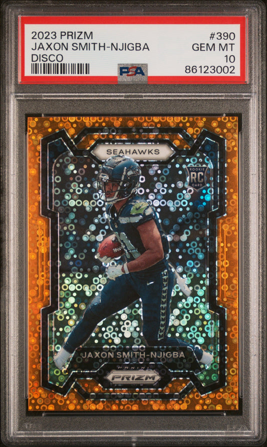 Graded 2023 Panini Prizm Jaxon Smith-Njigba #390 Disco Rookie RC Football Card PSA 10 Gem Mint