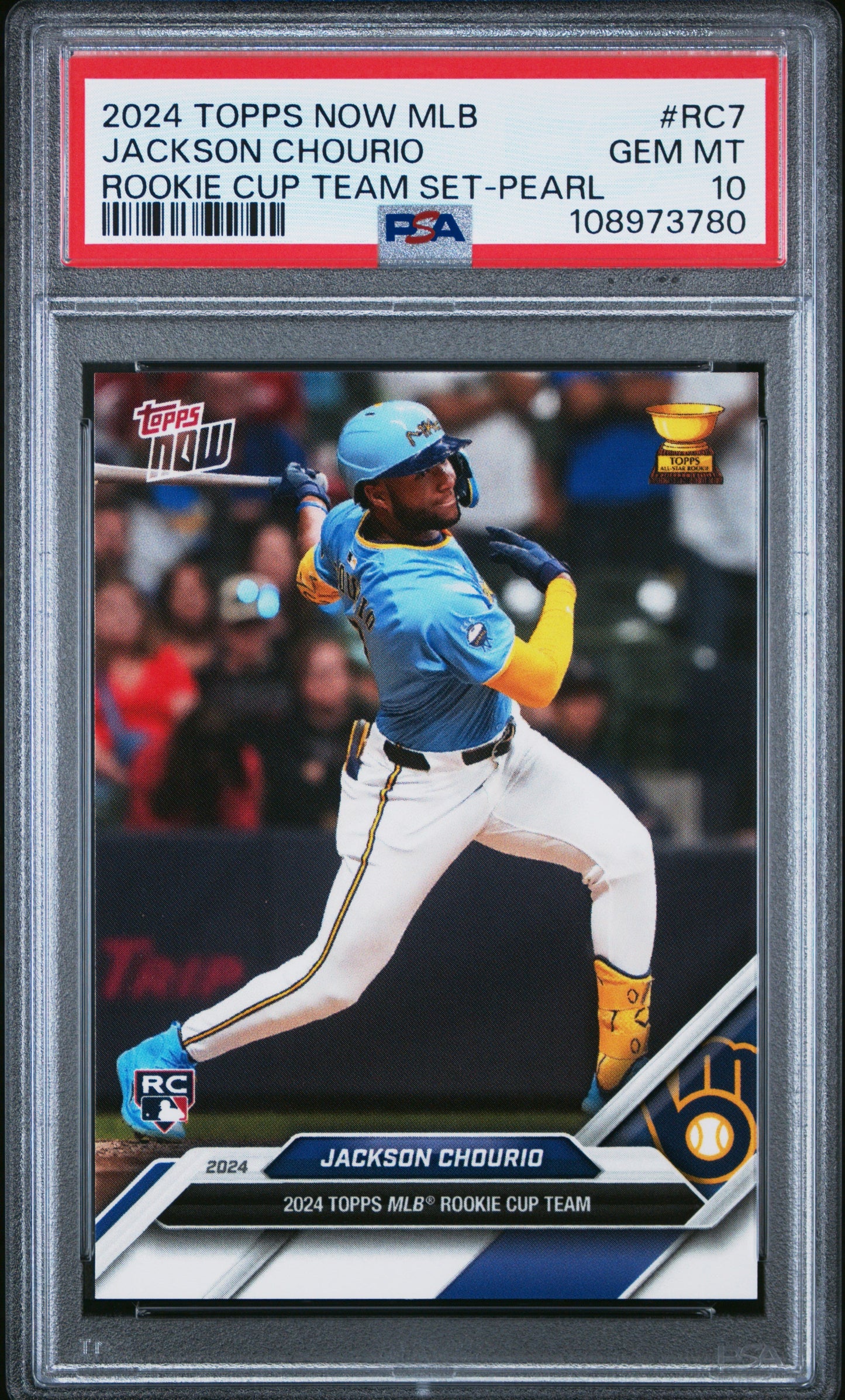 Graded 2024 Topps Now Jackson Chourio #RC7 Rookie Cup Team Set Pearl Rookie RC Baseball Card PSA 10 Gem Mint