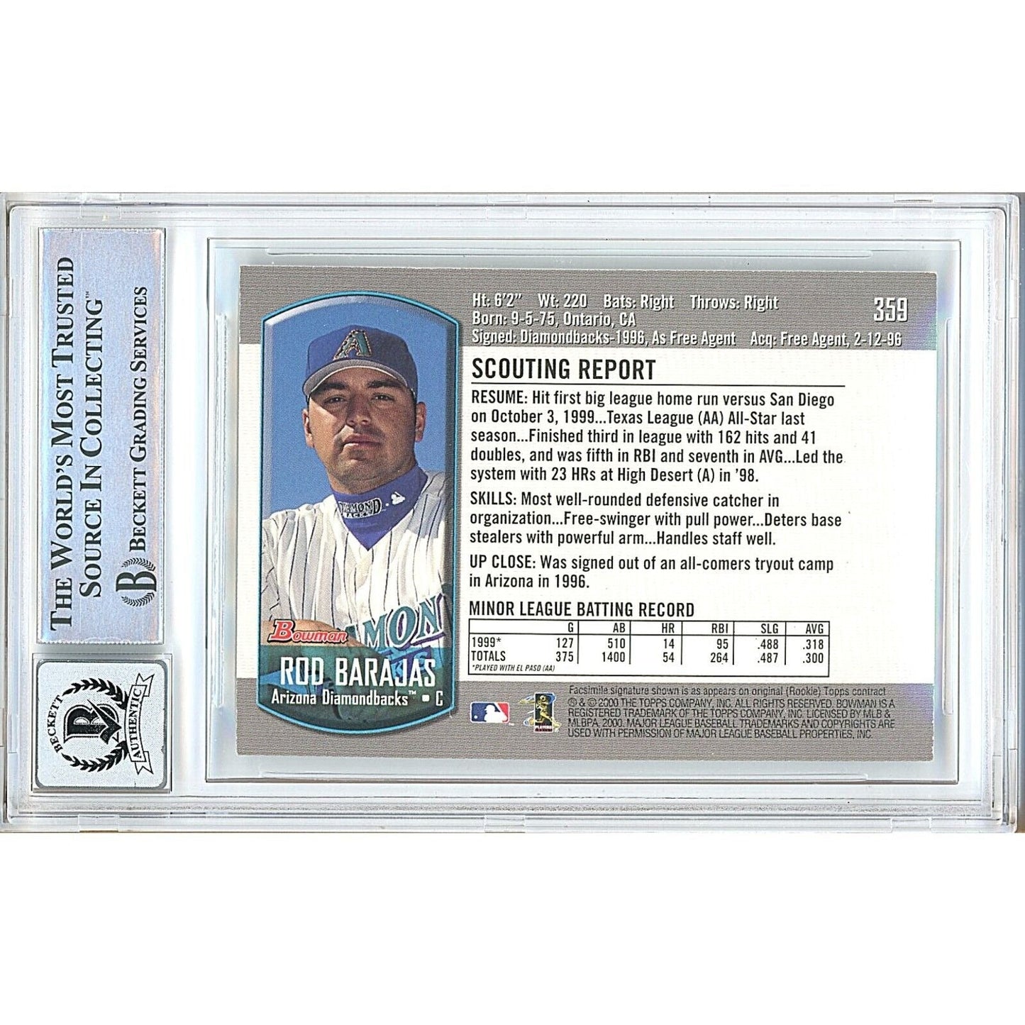 Rod Barajas AZ Diamondbacks Signed 2000 Bowman Baseball Card BGS Auto 10 Graded