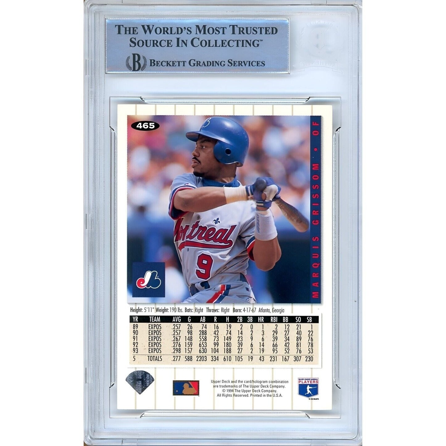 Marquis Grissom Montreal Expos Signed 1994 Collectors Choice Card Beckett Auth Auto Slab
