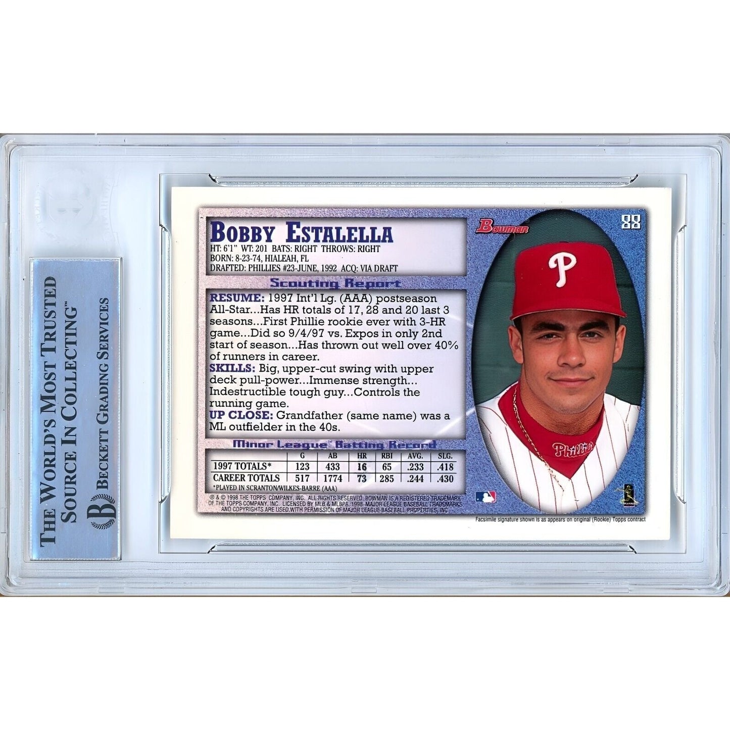 1998 Bowman International #88 — Bobby Estalella Phillies Autographed Trading Card — Beckett Authentication