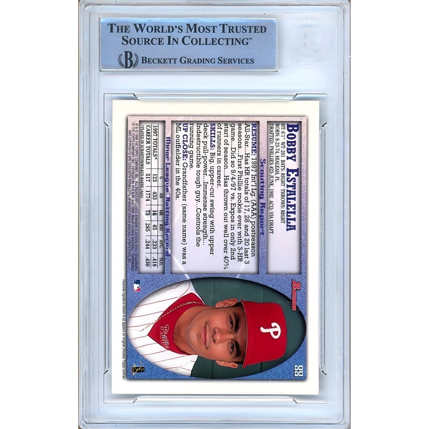 1998 Bowman International #88 — Bobby Estalella Phillies Autographed Trading Card — Beckett Authentication