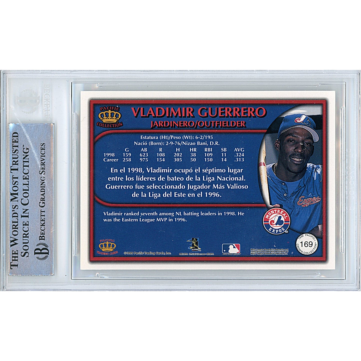 Vladimir Guerrero Signed Montreal Expos 1999 Pacific Crown Baseball Card Beckett Slab