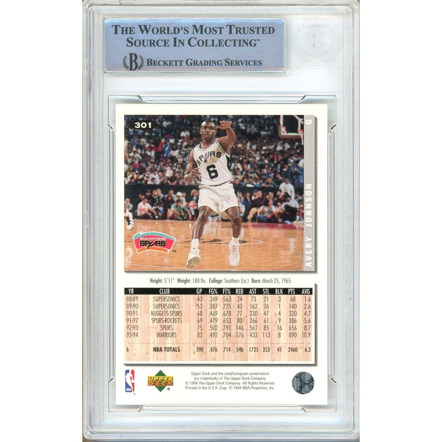 1994-1995 Collectors Choice #301 — Avery Johnson San Antonio Spurs Autographed Trading Card — Beckett Authentication