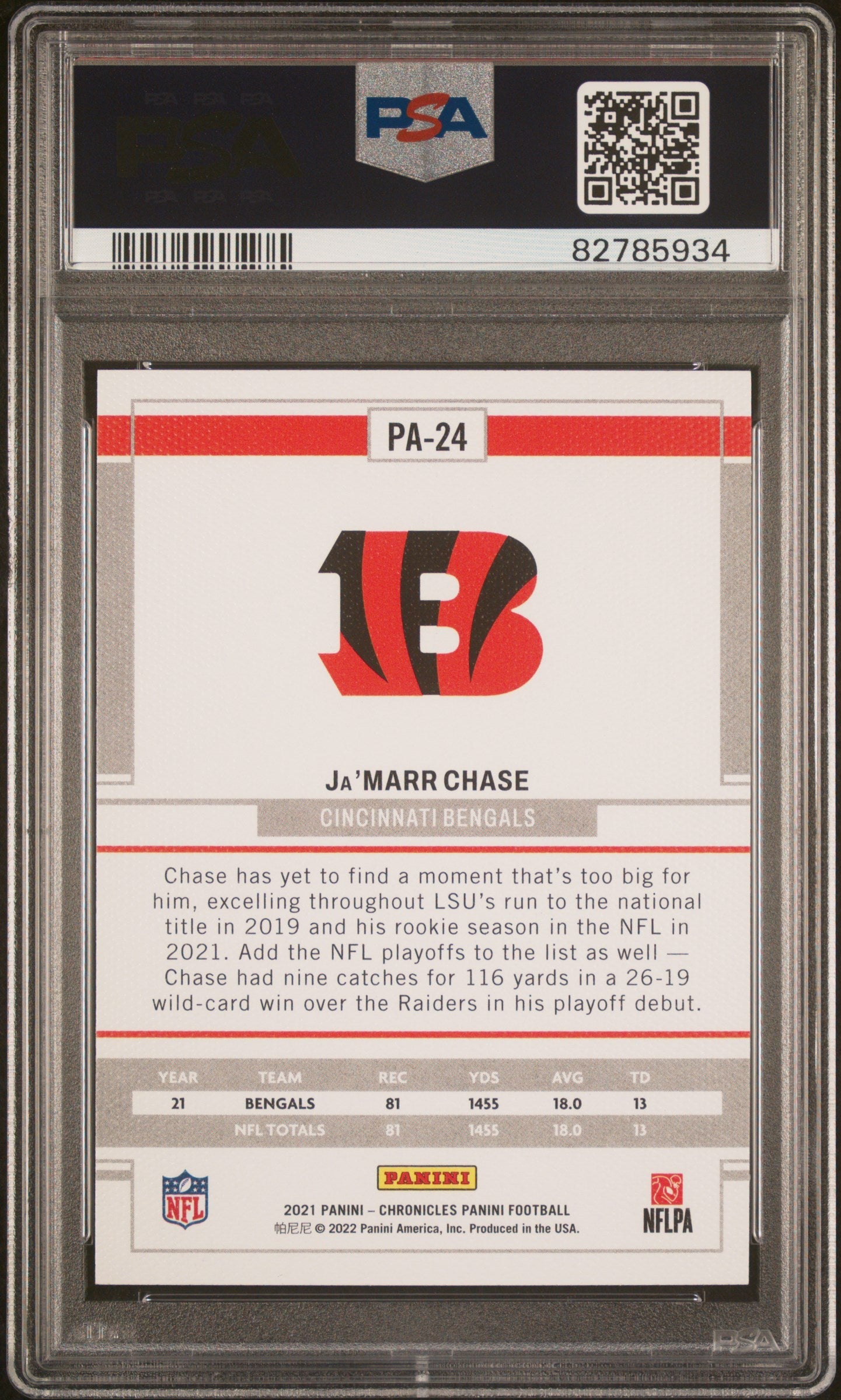 Graded 2021 Panini Chronicles Ja'Marr Chase #PA24 Panini Rookie RC Football Card PSA 10 Gem Mint