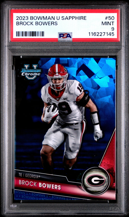 Graded 2023 Bowman U Sapphire Brock Bowers #50 Rookie RC Football Card PSA 9 Mint