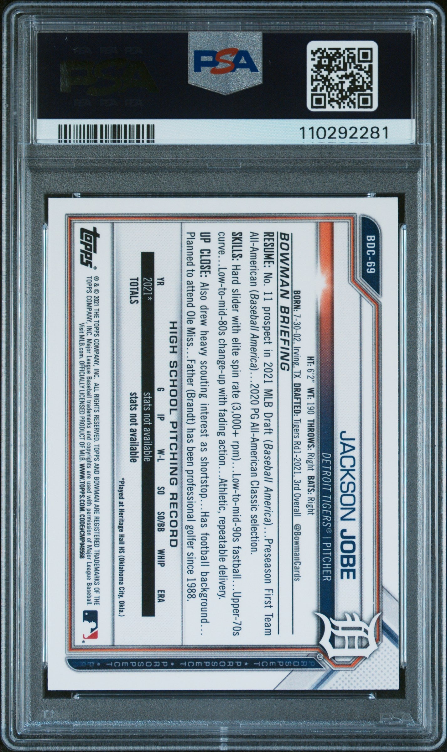 Graded 2021 Topps Bowman Draft Jackson Jobe #BDC69 Chrome Rookie RC Baseball Card PSA 10 Gem Mint