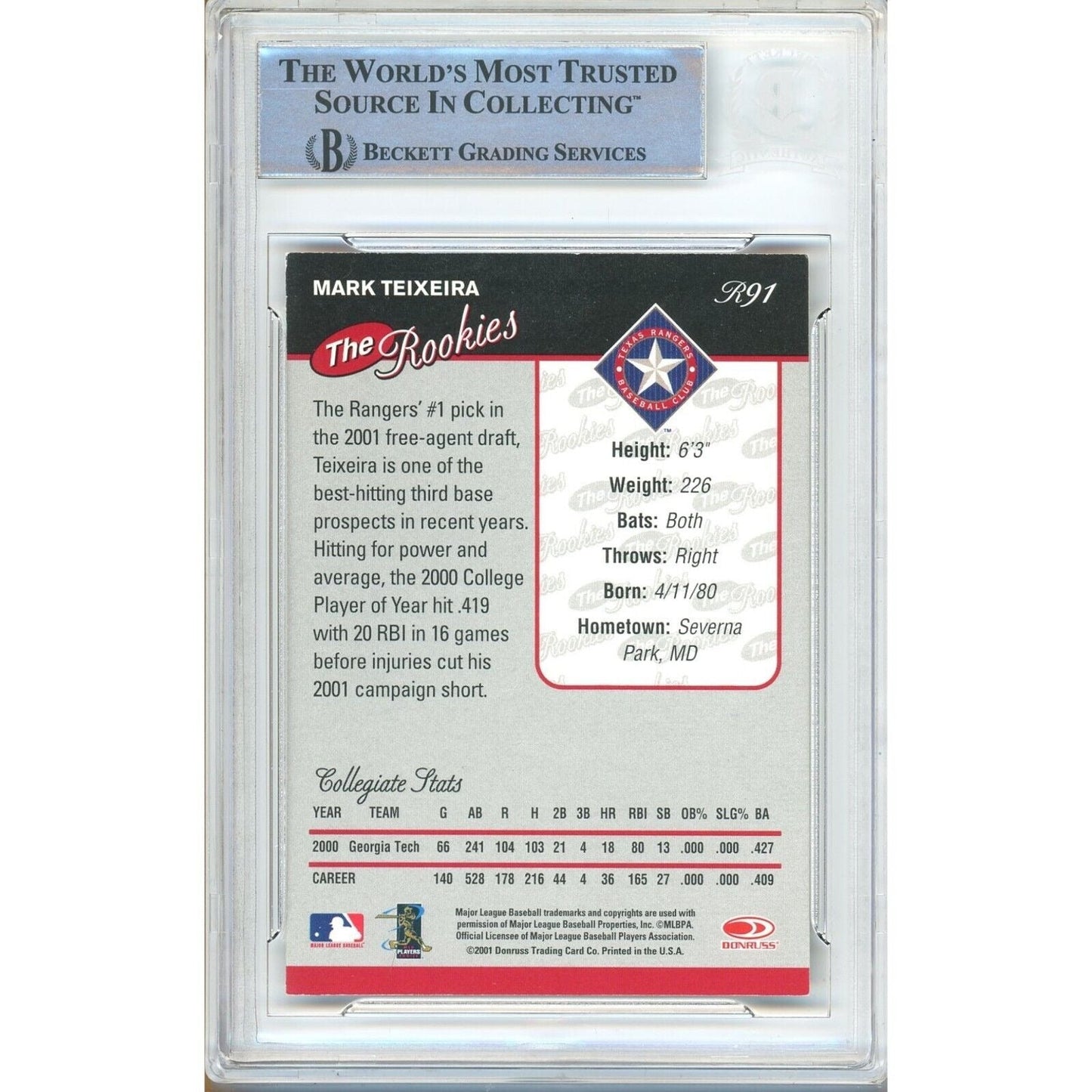 Mark Teixeira Texas Rangers Signed 2001 Donruss The Rookies Card Beckett Auth Auto Slab