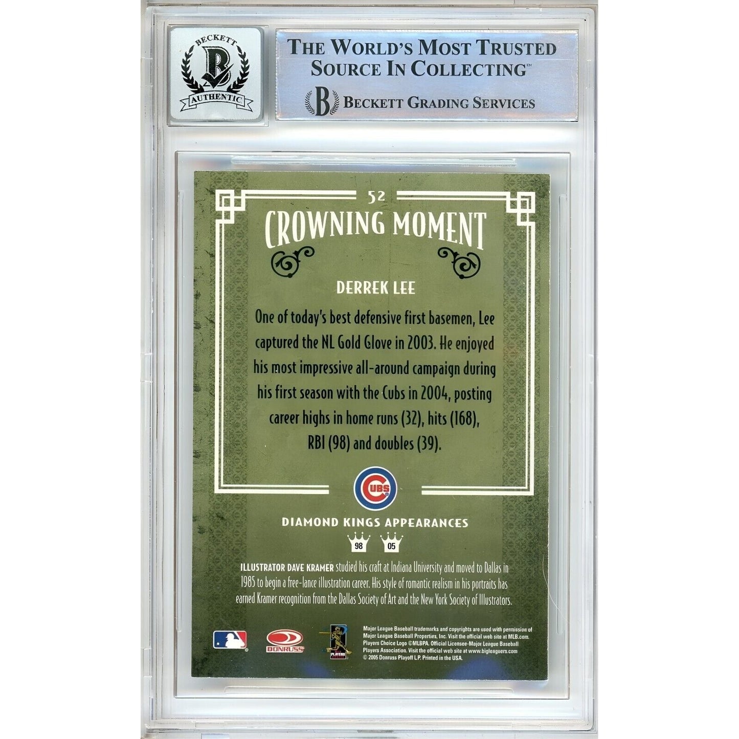 2005 Donruss Diamond Kings #52 — Derrek Lee Chicago Cubs Autographed Trading Card — Beckett Authentication Auto-10 Graded
