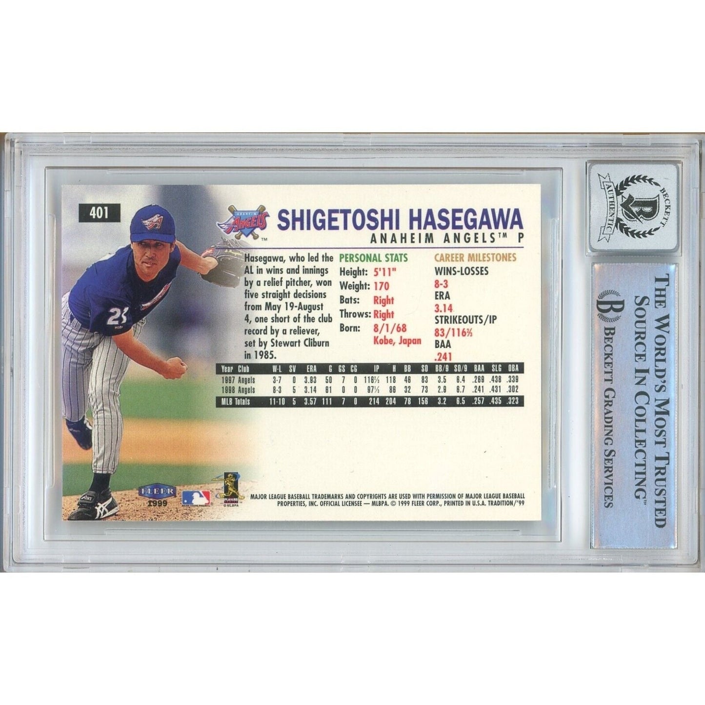 Shigetoshi Hasegawa LA Angels Signed 1999 Fleer Tradition Card BGS Auto 10 Graded Slab