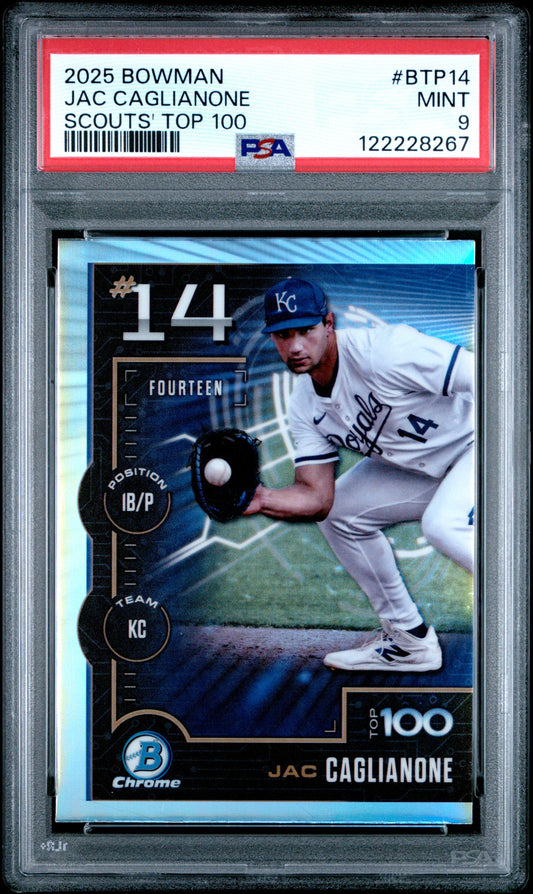 Graded 2025 Topps Bowman Jac Caglianone #BTP14 Scouts Top 100 Rookie RC Baseball Card PSA 9 Mint