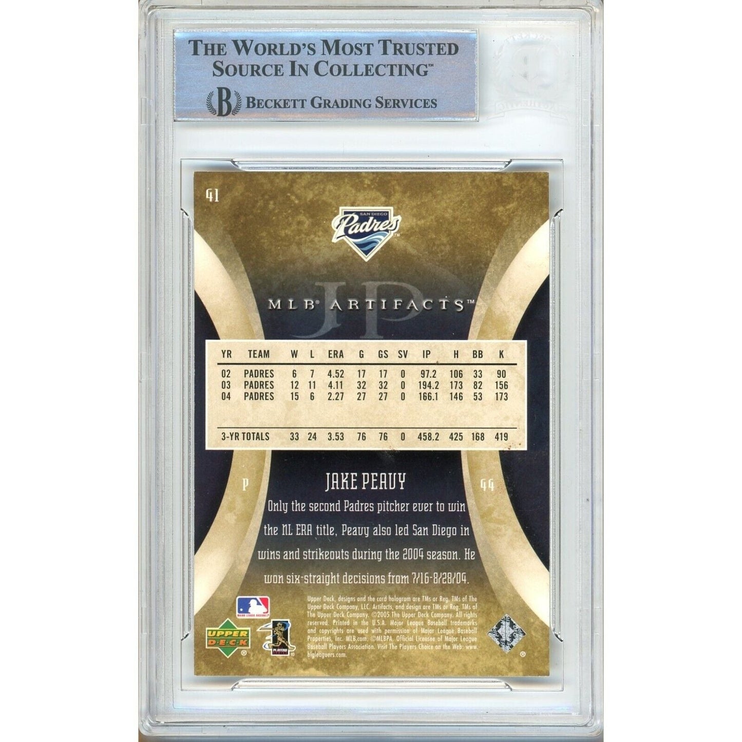 2005 Upper Deck Artifacts #41 — Jake Peavy San Diego Padres Autographed Trading Card — Beckett Authentication