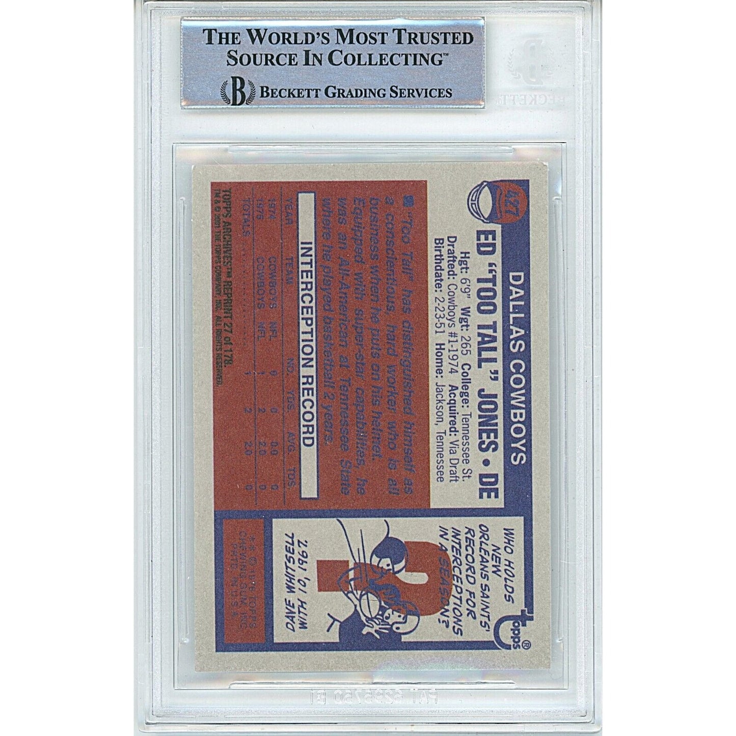 2001 Topps Archives #27 — Ed Too Tall Jones Dallas Cowboys Autographed Trading Card — Beckett Authentication