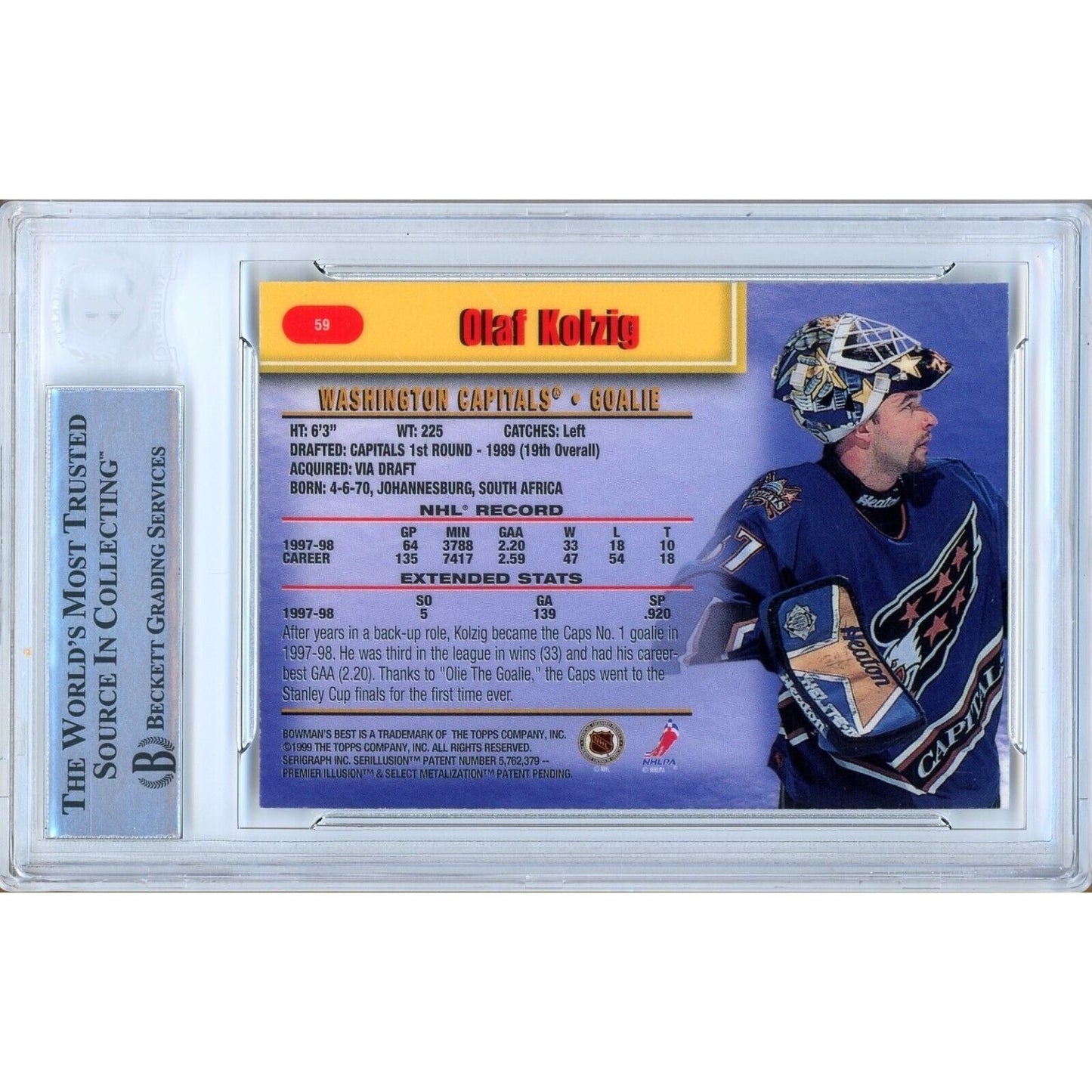 Olaf Kolzig Washington Capitals Signed 1998-99 Bowmans Best Card Beckett Auth Auto Slab