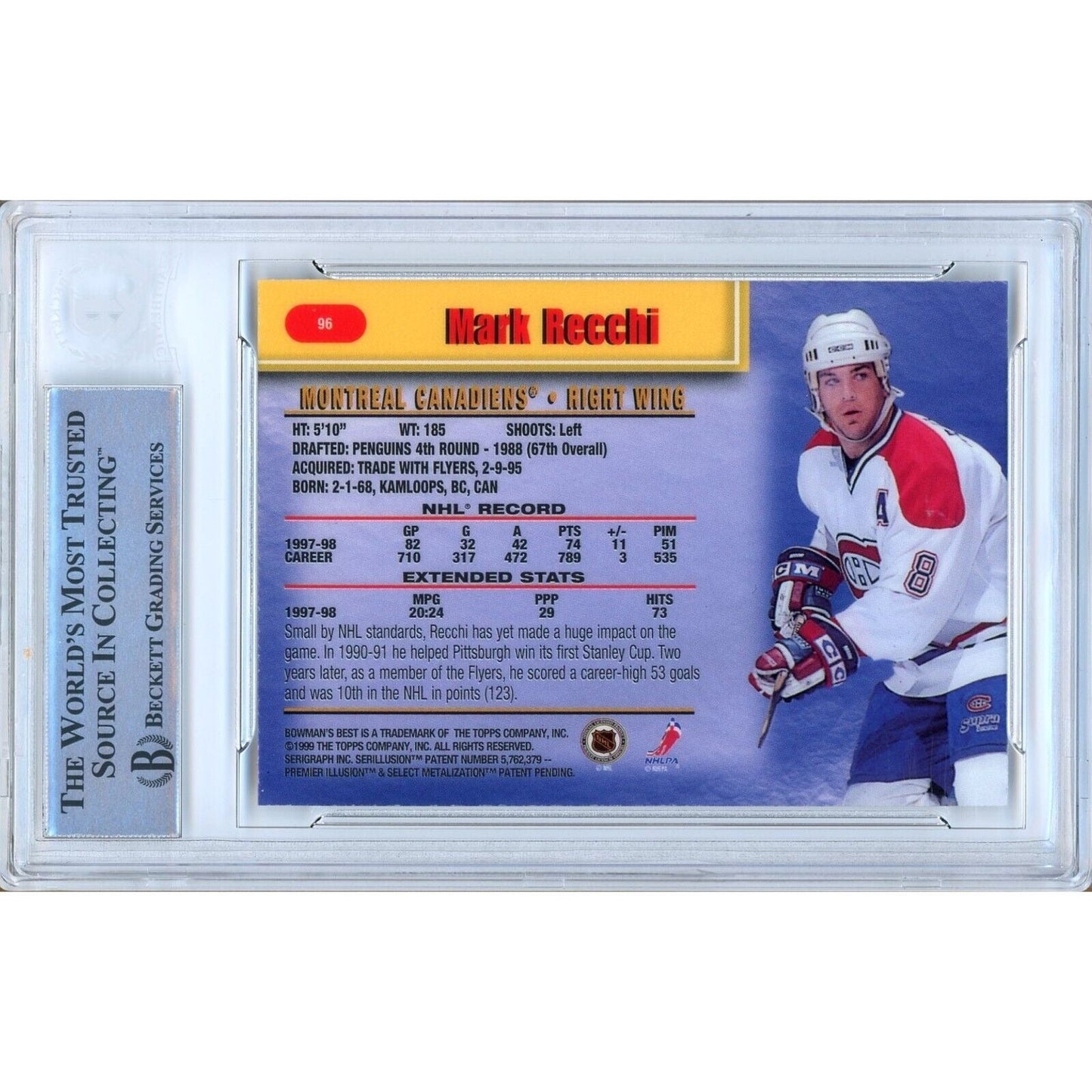 Mark Recchi Canadiens Signed 1998-99 Bowman's Best Hockey Card BAS Auth Auto Slab