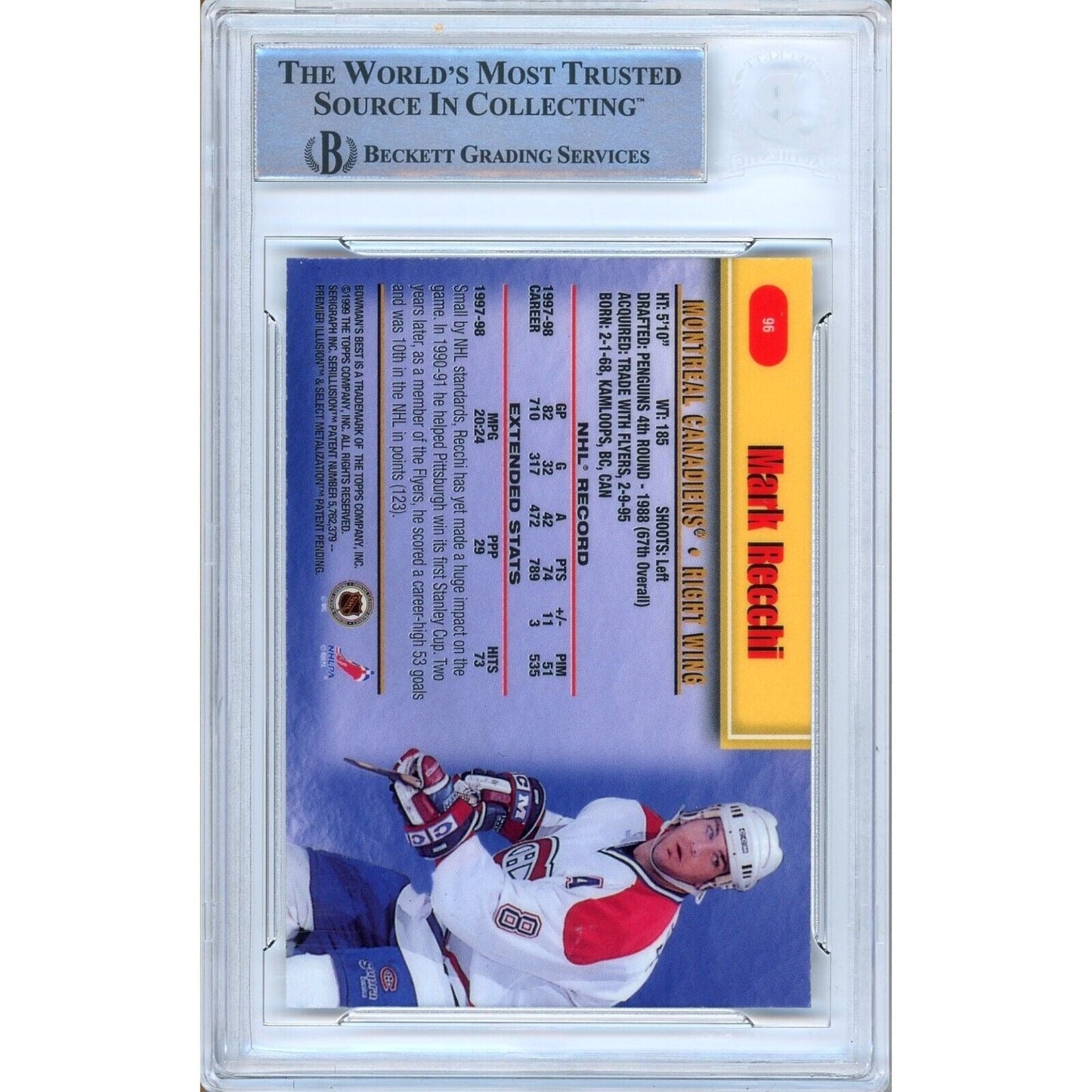 Mark Recchi Canadiens Signed 1998-99 Bowman's Best Hockey Card BAS Auth Auto Slab