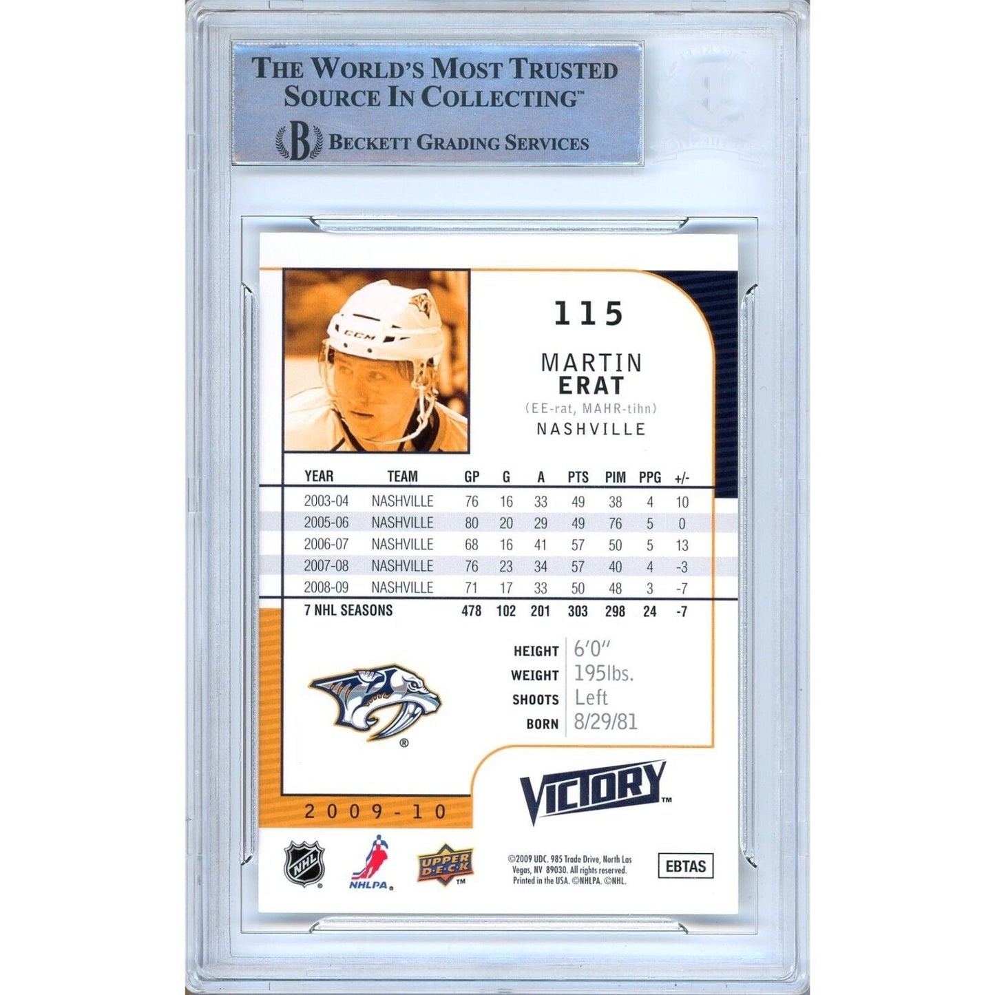 Martin Erat Nashville Predators Signed 2009-10 UD Victory Hockey Card BAS Auth Auto Slab
