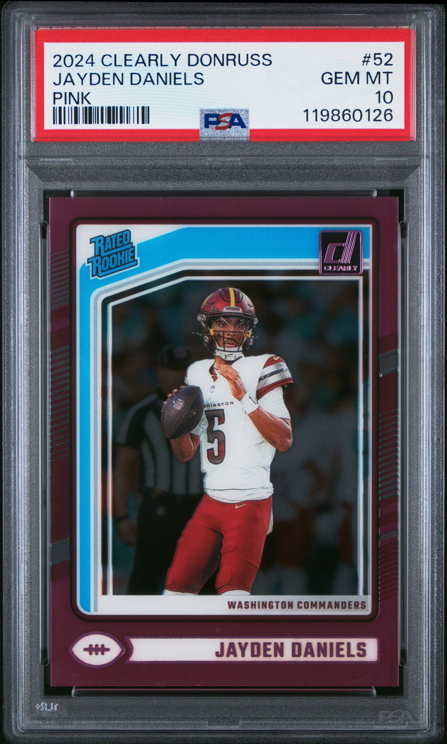 Graded 2024 Panini Clearly Donruss Jayden Daniels #52 Pink Rookie RC Football Card PSA 10 Gem Mint