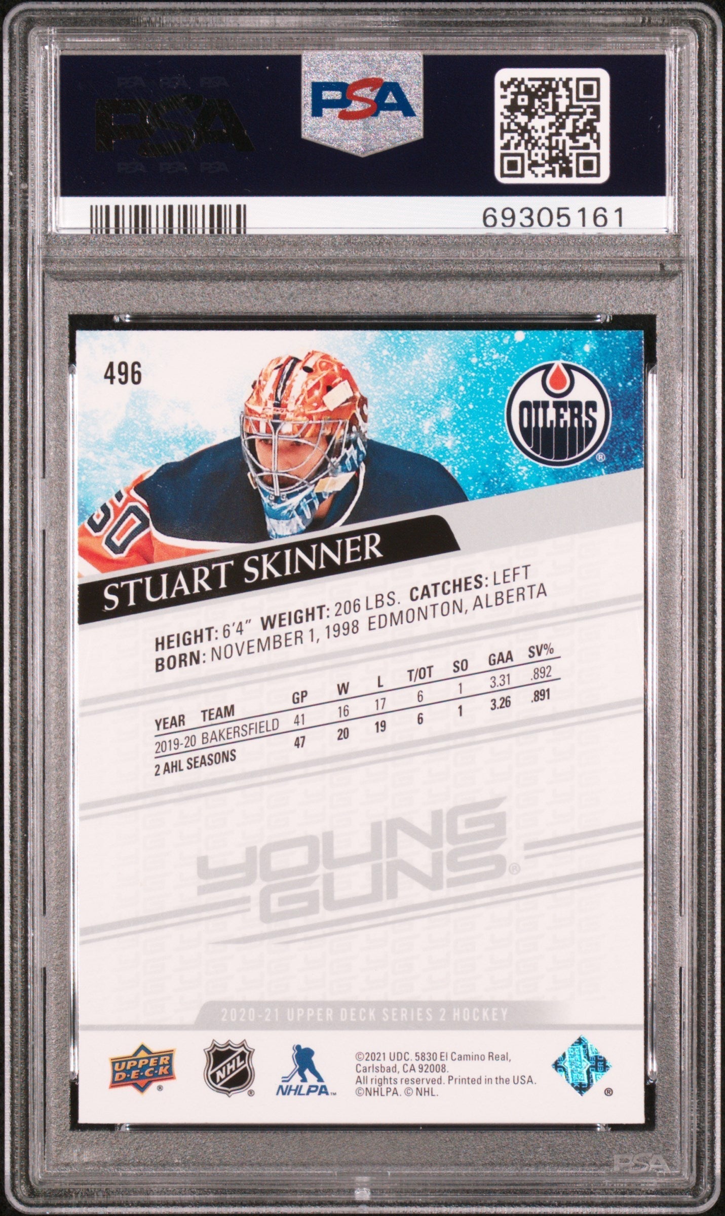 Graded 2020 Upper Deck Stuart Skinner #496 Rookie Class RC Hockey Card PSA 10 Gem Mint