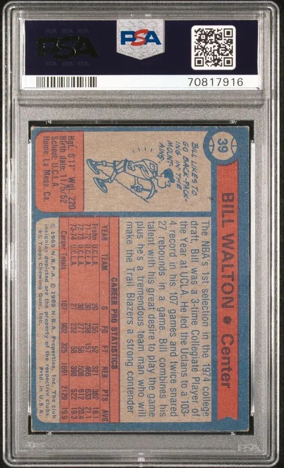 Graded 1974 Topps Bill Walton #39 Rookie RC Basketball Card PSA 3.5 Very Good +