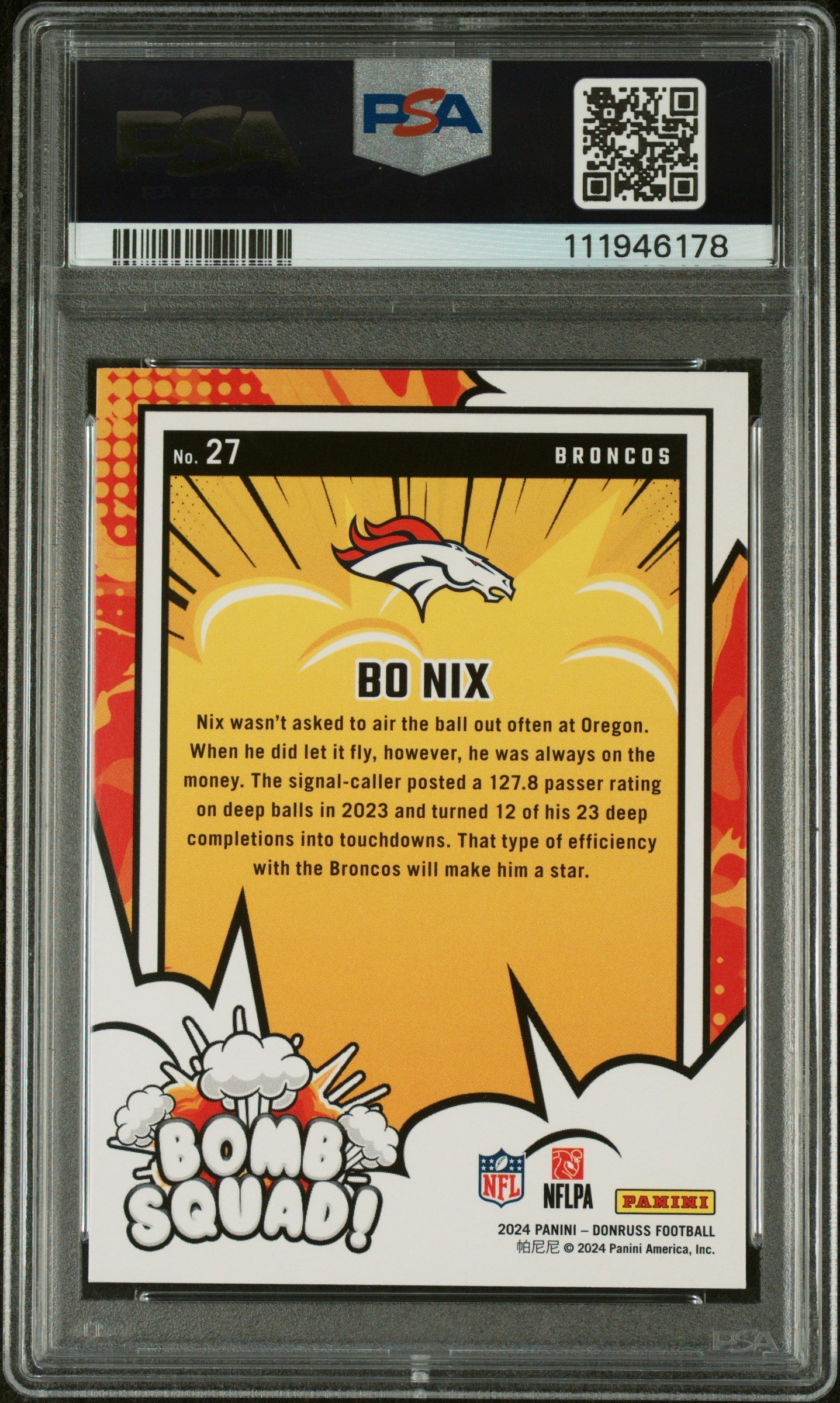 Graded 2024 Panini Donruss Bo Nix #27 Bomb Squad Rookie RC Football Card PSA 10 Gem Mint - Sport Cards