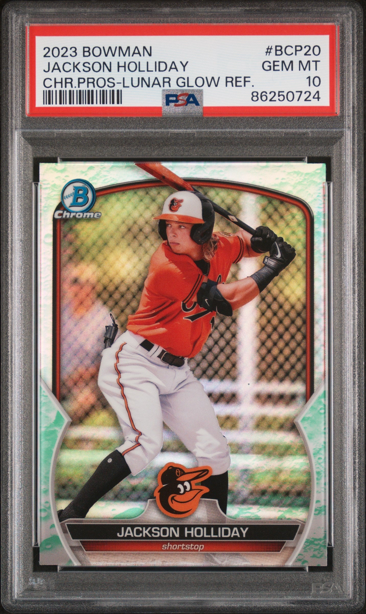 Graded 2023 Topps Bowman Jackson Holliday #BCP20 Chrome Prospects Lunar Glow Refractor Rookie RC Baseball Card PSA 10 Gem Mint