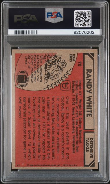 Graded 1980 Topps Randy White #70 Football Card PSA 9 Mint - Sport Cards