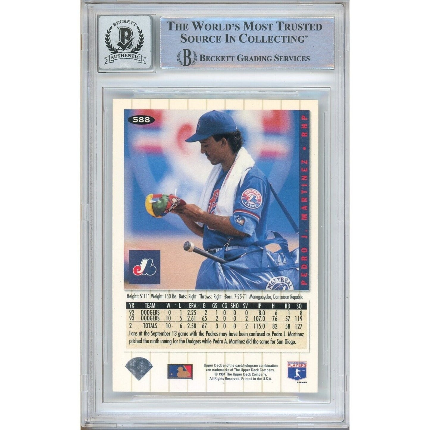 Pedro Martinez Montreal Expos Signed 1994 UD Collectors Choice BGS Auto 10 Graded Slab