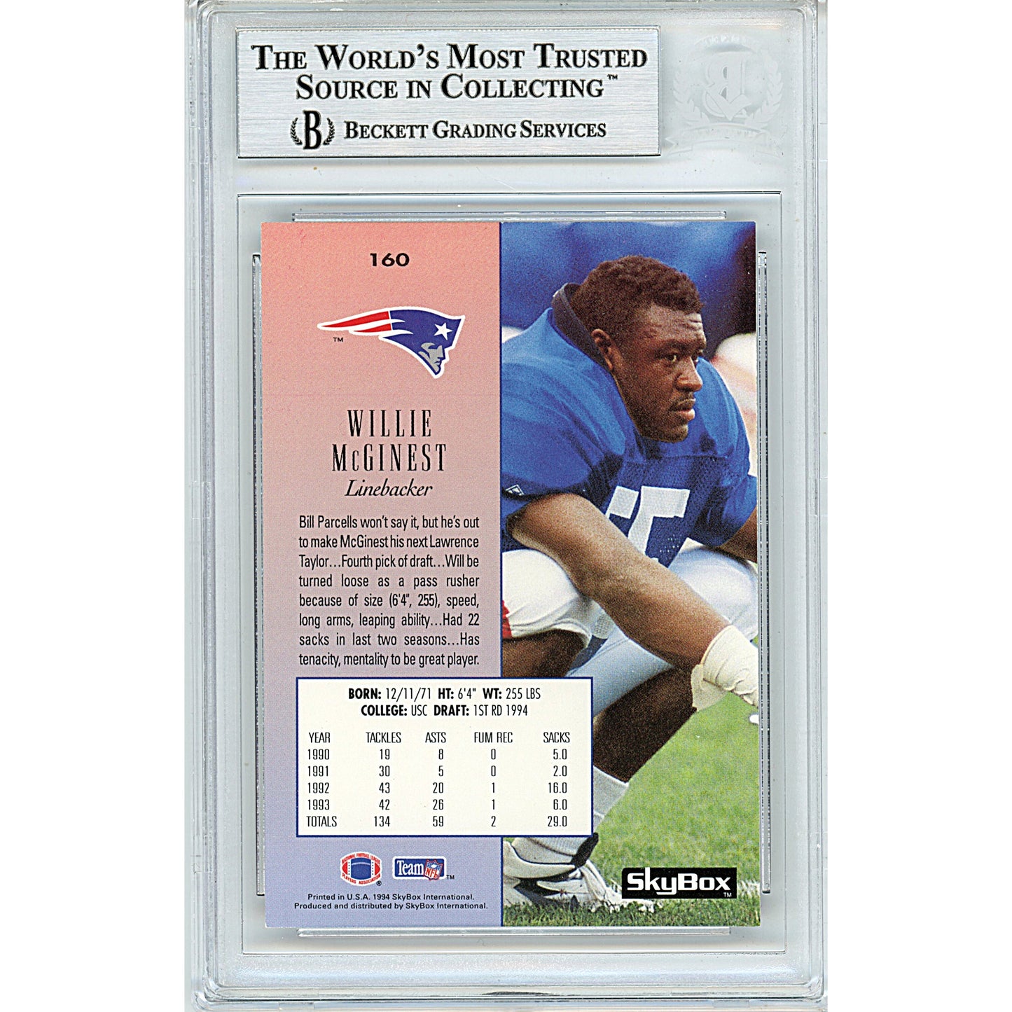 Willie McGinest Signed USC Trojans 1994 Skybox Premium Football Card Beckett Slab - Sport Cards