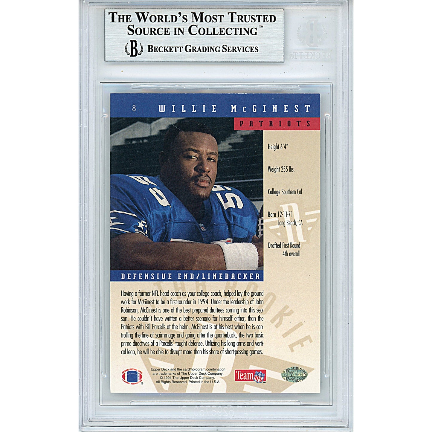 Willie McGinest Signed New England Patriots 1994 Upper Deck Football Card Beckett Slab