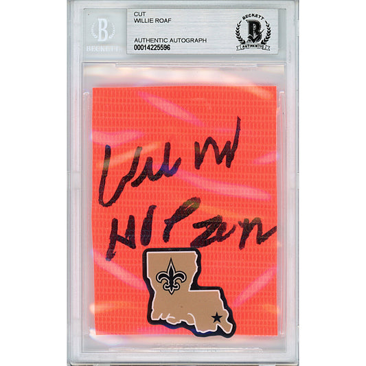Willie Roaf Autographed New Orleans Saints Football Pylon Piece Sig Cut Beckett Slab