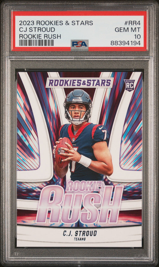 Graded 2023 Panini Rookies & Stars CJ Stroud #RR4 Rookie Rush Rookie RC Football Card PSA 10 Gem Mint