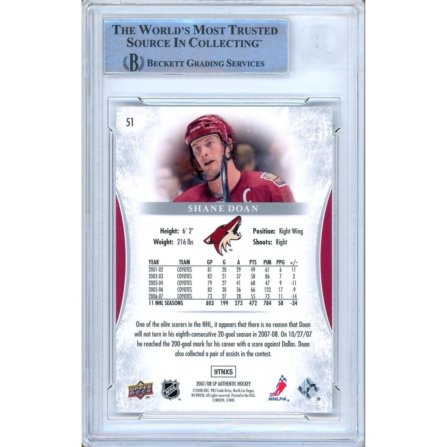Shane Doan AZ Coyotes Signed 2007-08 UD SP Authentic Hockey Card Beckett Auto Slab