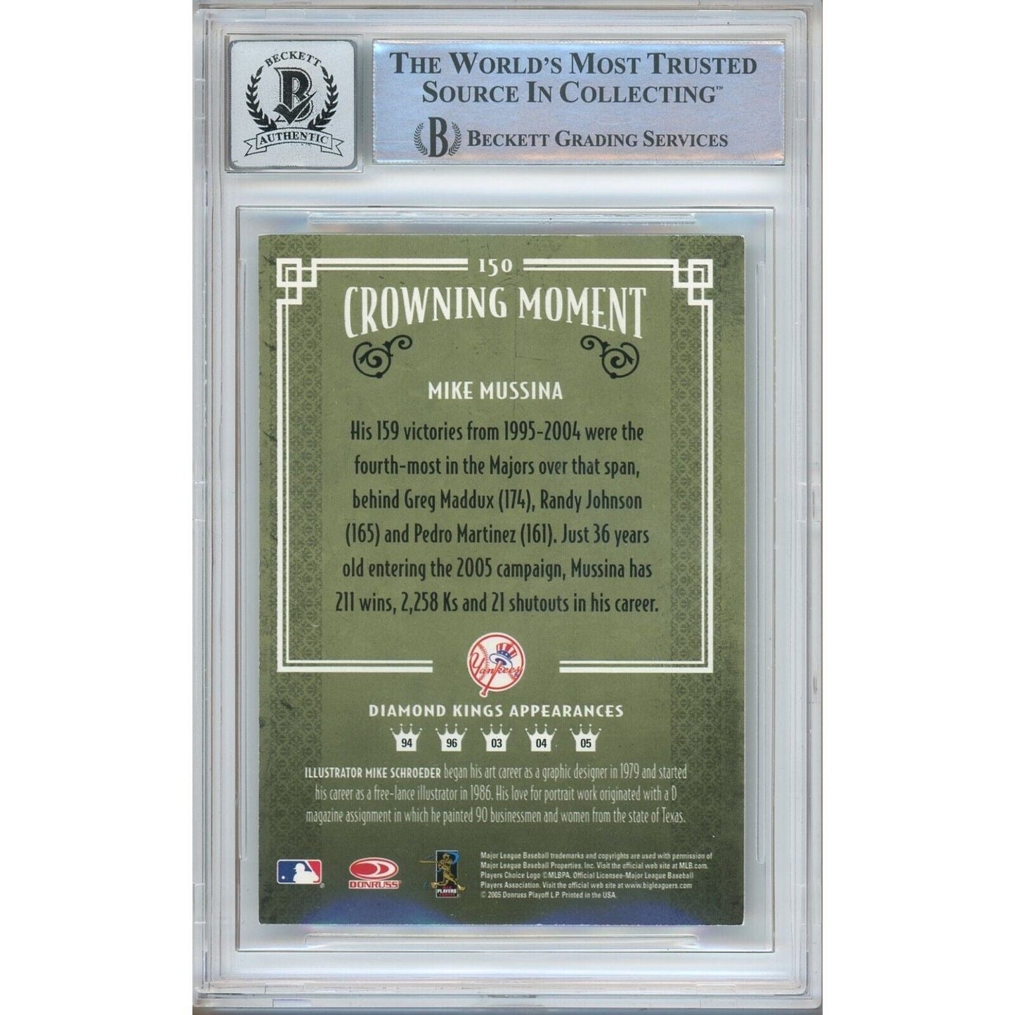 Mike Mussina New York Yankees Signed 2005 Diamond Kings Card BGS Auto 10 Graded Slab