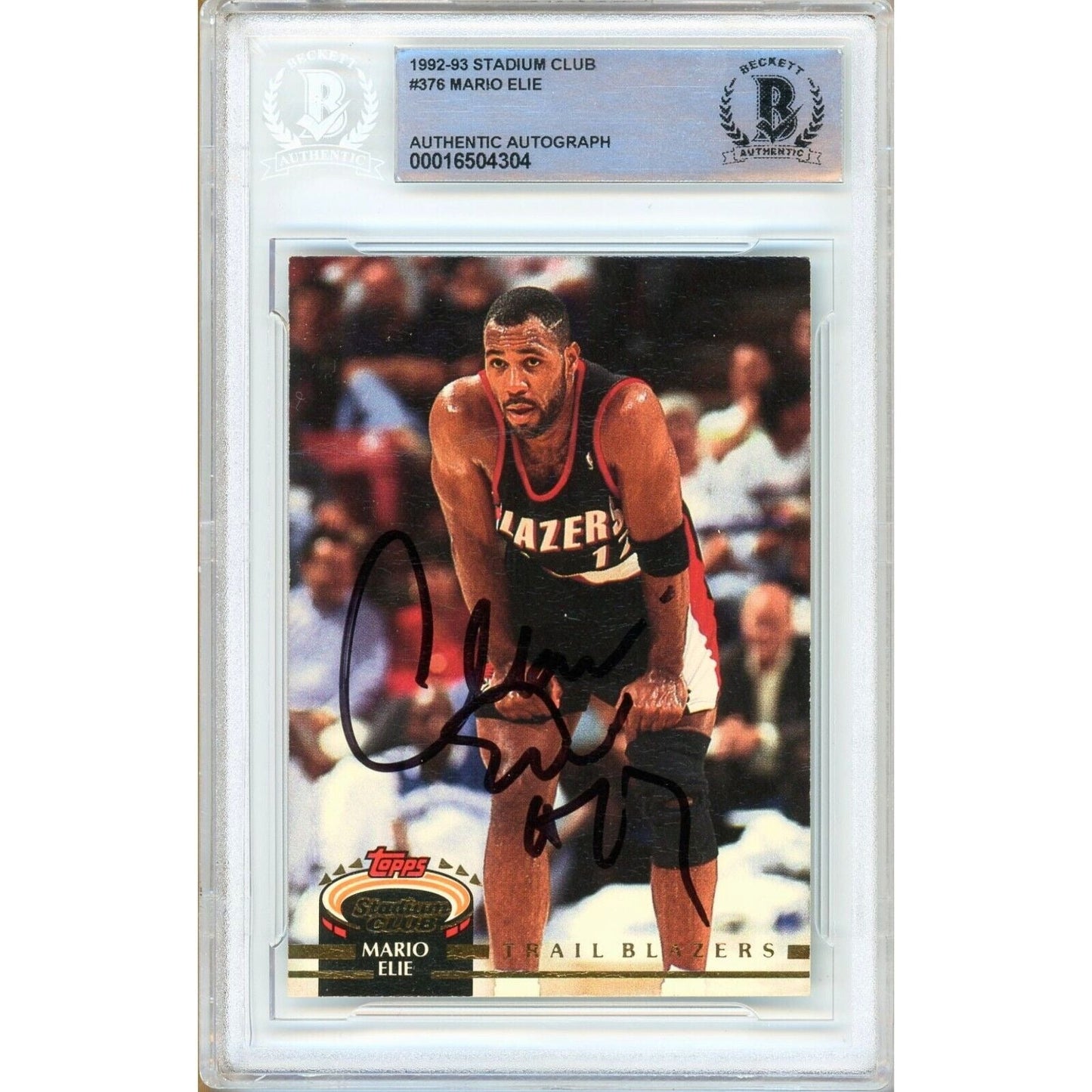 Mario Elie Portland Trail Blazers Signed 1992-93 Stadium Club Card Beckett Auth Auto Slab