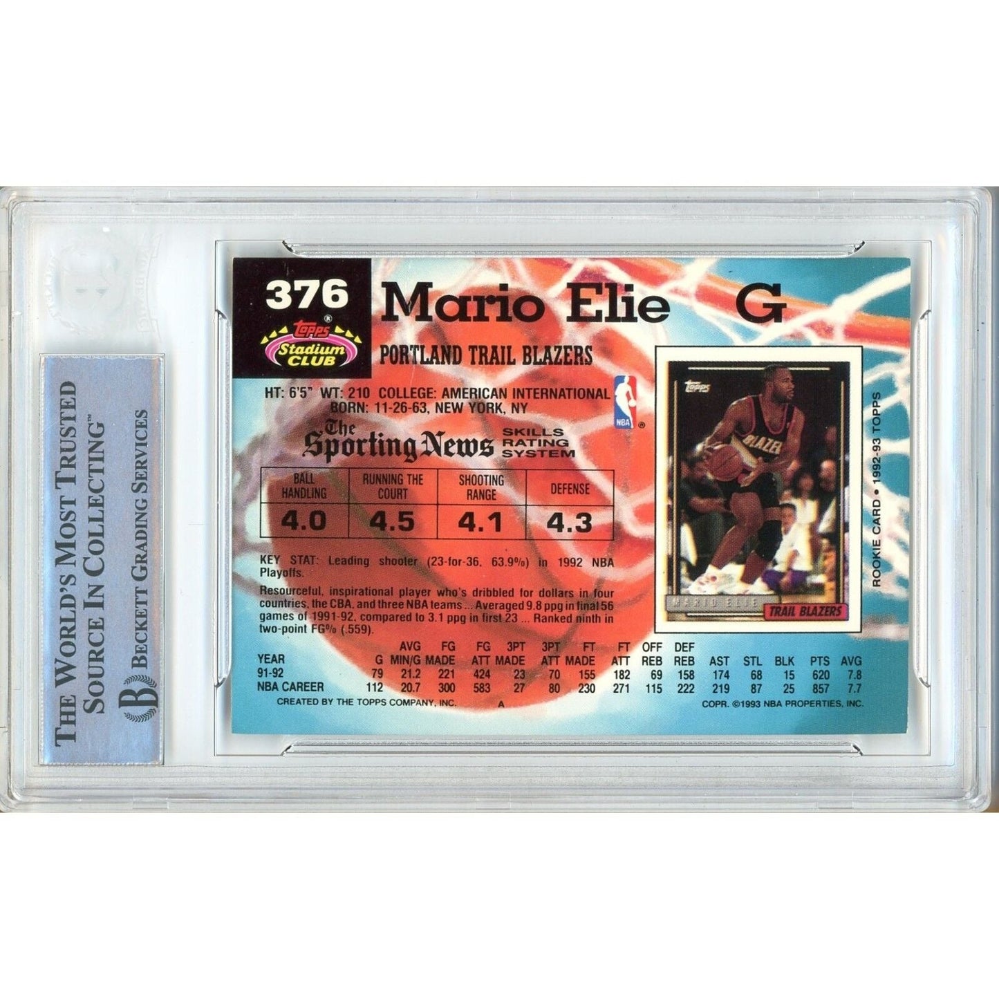 Mario Elie Portland Trail Blazers Signed 1992-93 Stadium Club Card Beckett Auth Auto Slab
