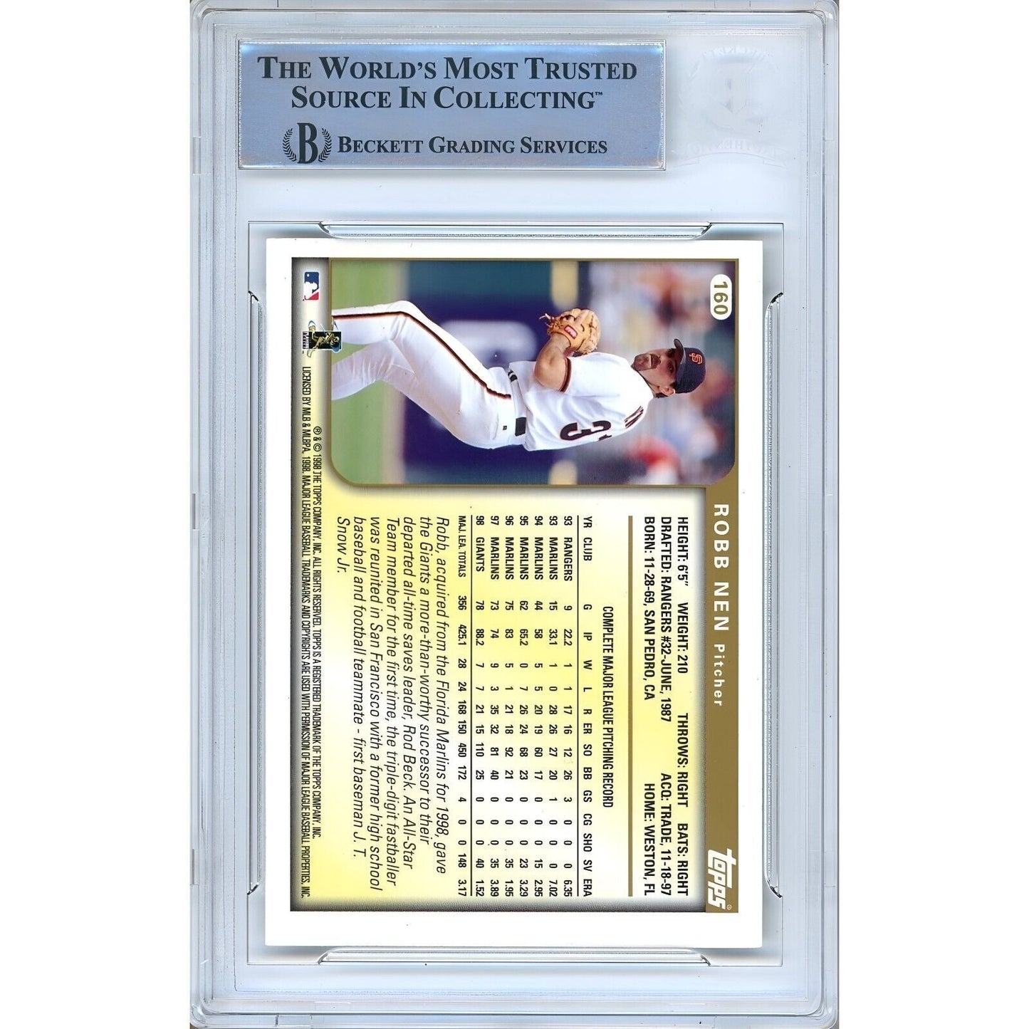 Robb Nen San Francisco Giants Signed 1999 Topps Baseball Card Beckett Authentic Auto Slab