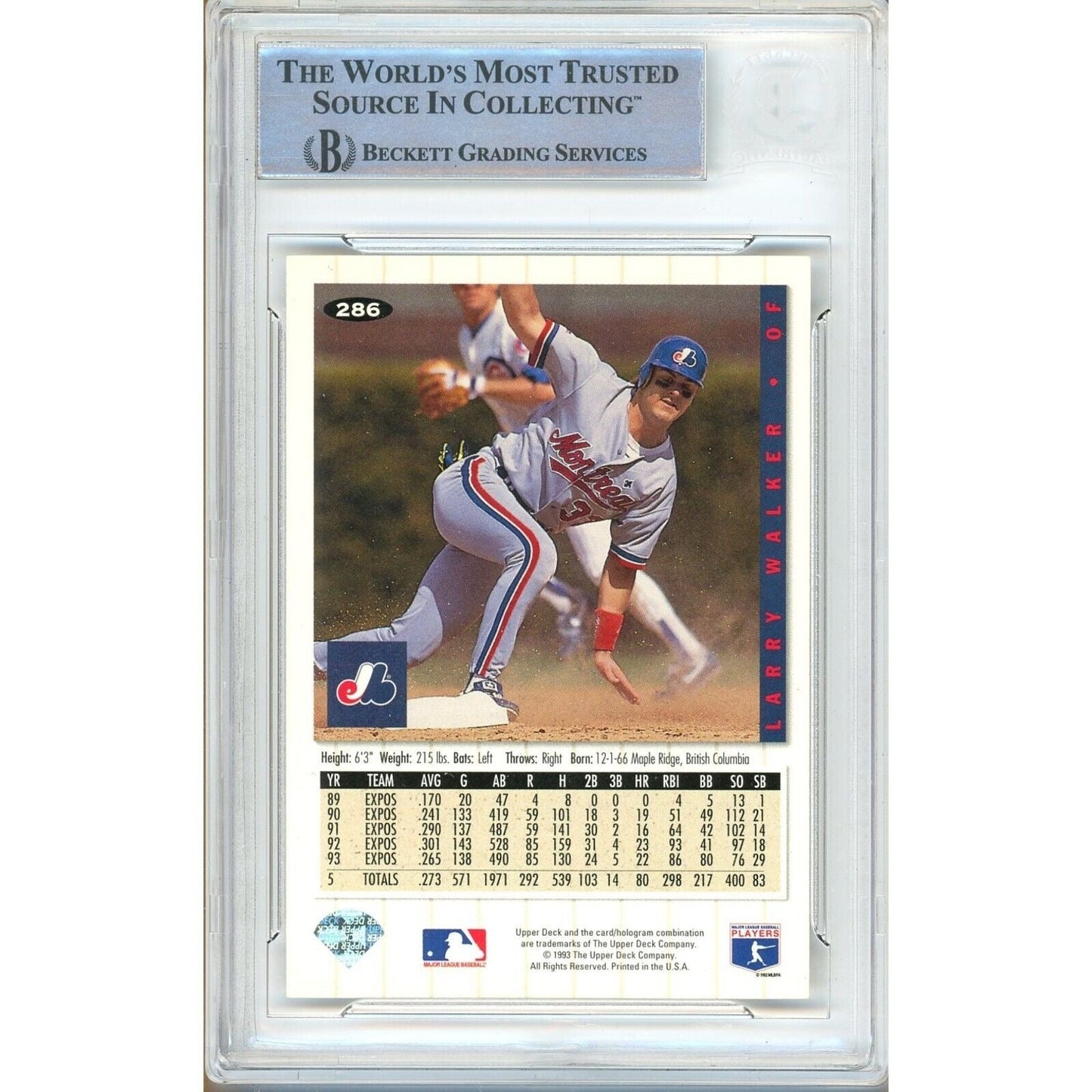 1994 UD Collectors Choice Silver Signature — Larry Walker Monttreal Expos Autographed Slabbed Trading Card — Beckett Authentication