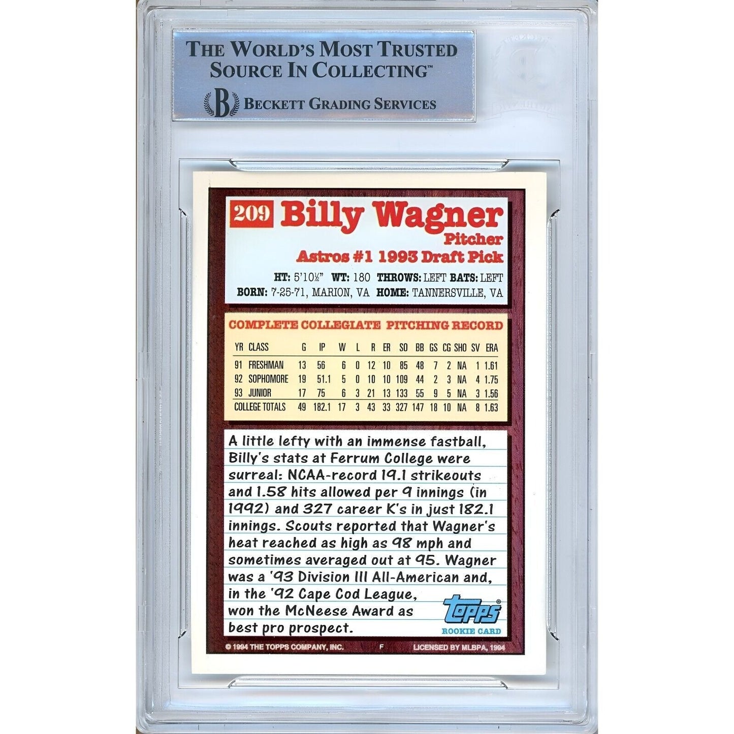 1994 Topps #209 — Billy Wagner Houston Astros Autographed Trading Card — Beckett Authentication