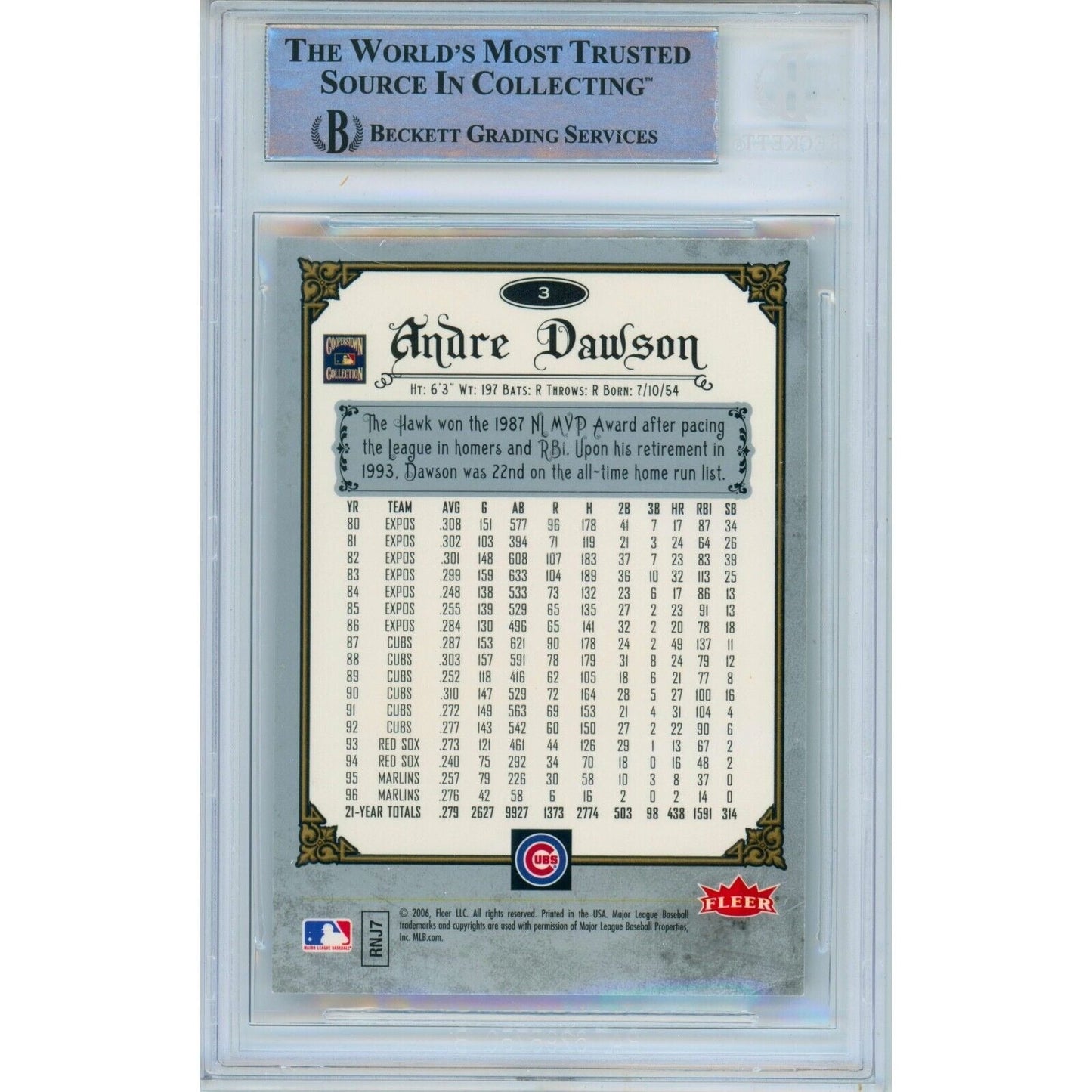2006 Fleer Greats of the Game #3 — Andre Dawson Chicago Cubs Autographed Trading Card — Beckett Authentication