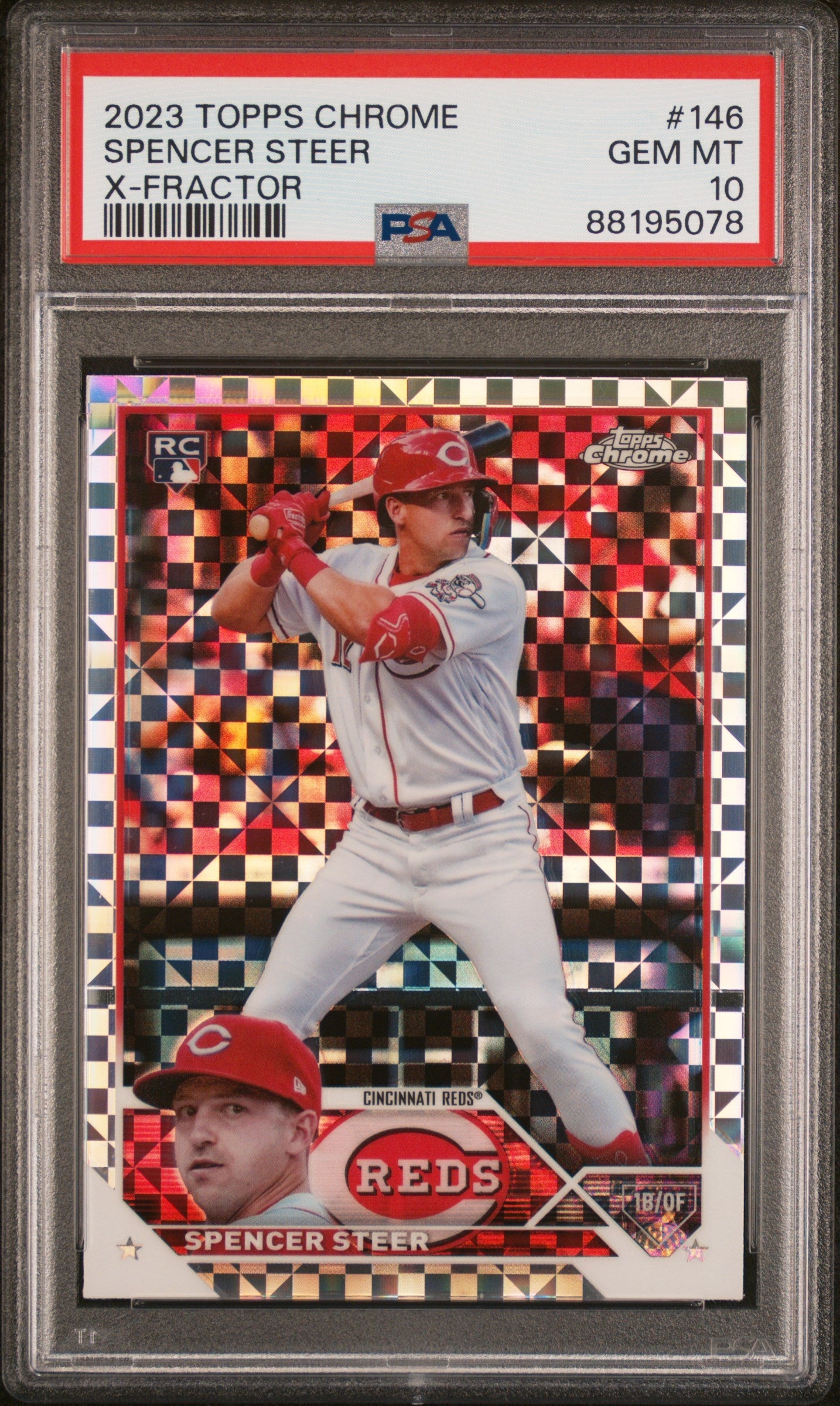 Graded 2023 Topps Chrome Spencer Steer #146 XFractor Rookie RC Baseball Card PSA 10 Gem Mint