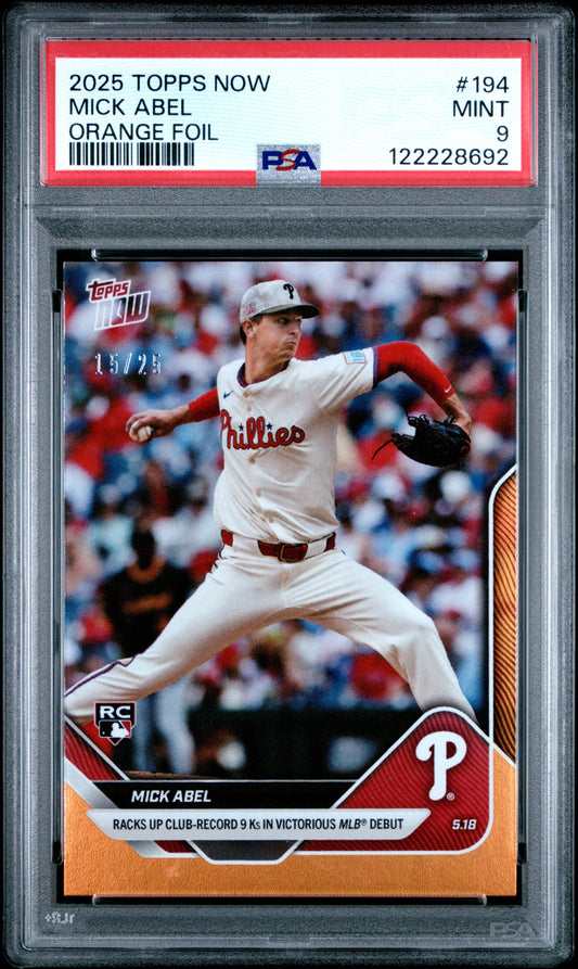Graded 2025 Topps Now Mick Abel #194 Orange Foil /25 Rookie Baseball Card PSA 9 Mint
