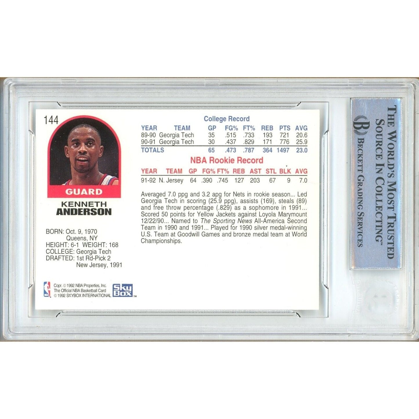 1992—93 NBA Hoops #144 — Kenny Anderson New Jersey Nets Autographed Trading Card — Beckett Authentication