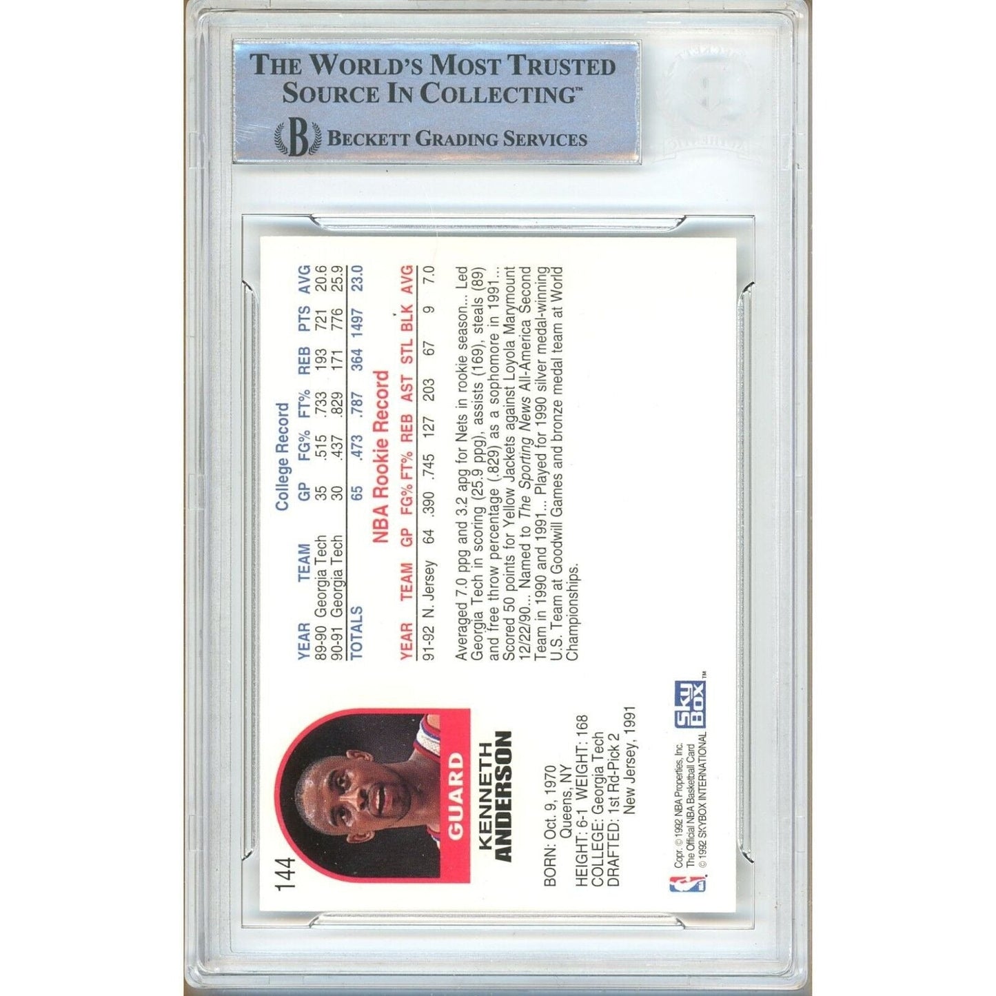 1992—93 NBA Hoops #144 — Kenny Anderson New Jersey Nets Autographed Trading Card — Beckett Authentication