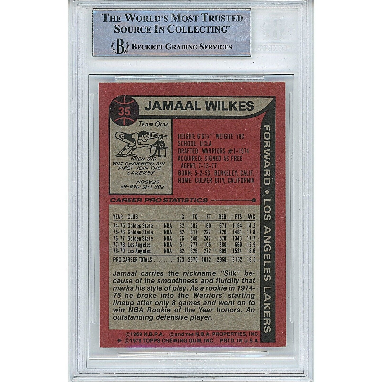 1979 Topps #35 — Jamaal Wilkes Los Angeles Lakers Autographed Trading Card — Beckett Authentication