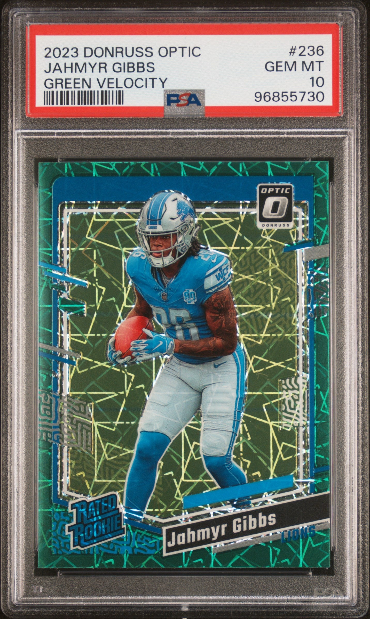 Graded 2023 Panini Donruss Optic Jahmyr Gibbs #236 Green Velocity Rookie RC Football Card PSA 10 Gem Mint
