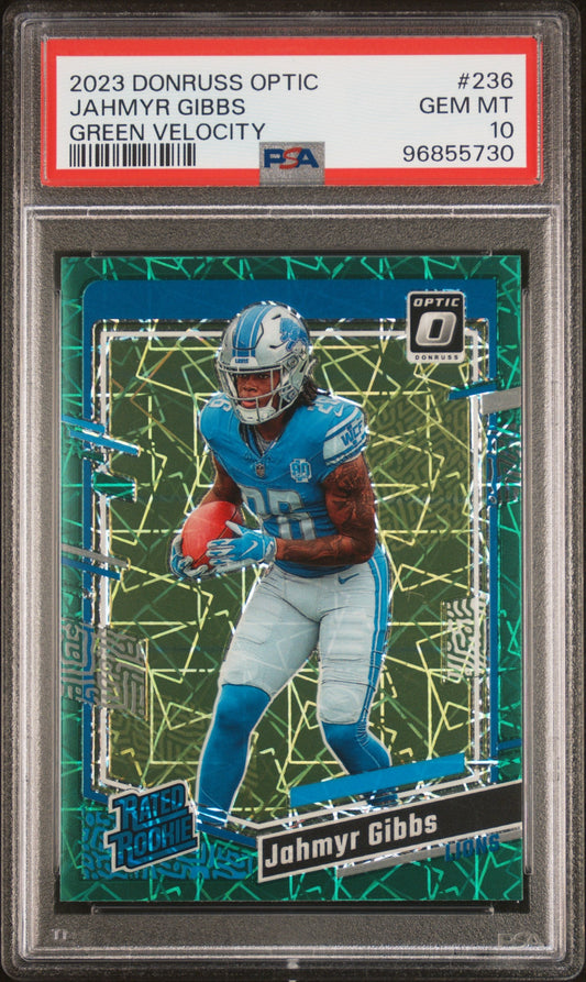 Graded 2023 Panini Donruss Optic Jahmyr Gibbs #236 Green Velocity Rookie RC Football Card PSA 10 Gem Mint