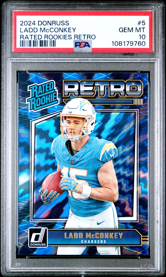 Graded 2024 Panini Donruss Ladd McConkey #5 Rated Rookies Retro Rookie RC Football Card PSA 10 Gem Mint