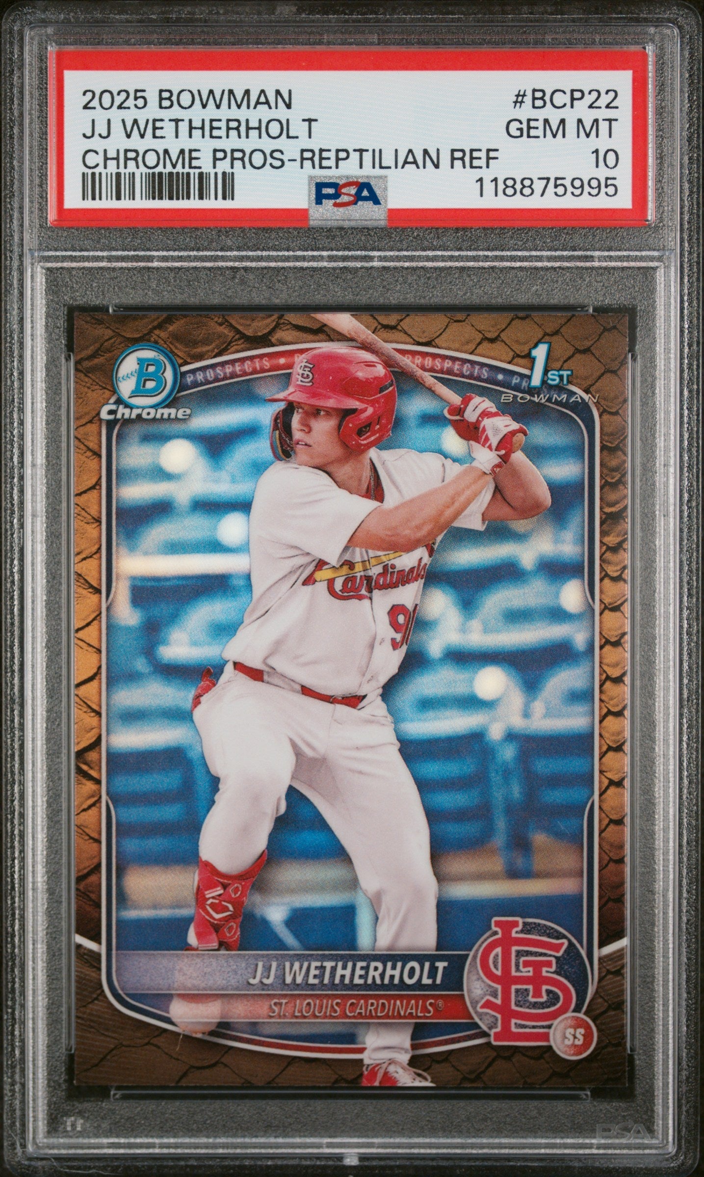 Graded 2025 Topps Bowman JJ Wetherholt #BCP22 Chrome Prospects Reptilian Refractor Rookie RC Baseball Card PSA 10 Gem Mint